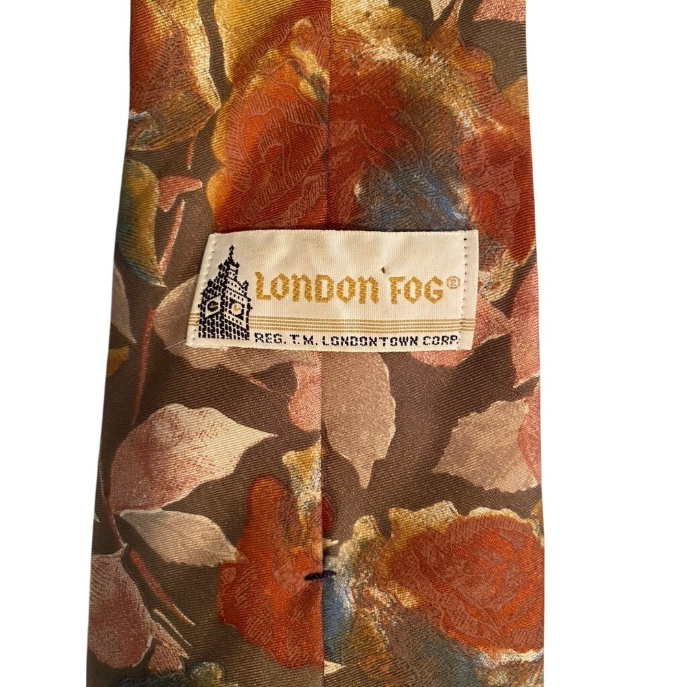 London Fog Mens Silk Necktie Floral Botanical Rust Gold Blue Vintage Accessory